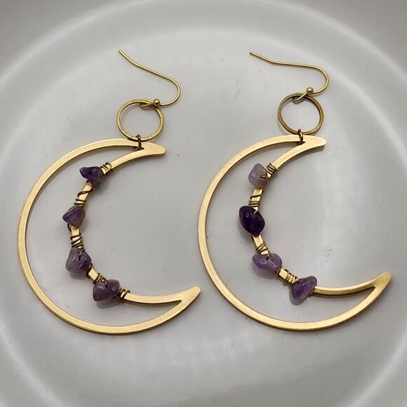 Genuine Amethyst Crescent Moon Earrings - Picture 6 of 8